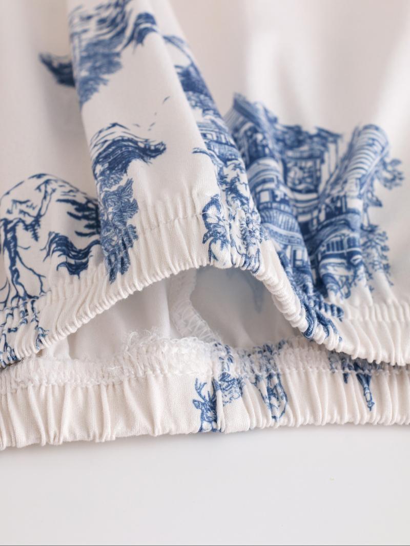 【Plus Size】 Two-Piece Set Landscape Ink Painting Print Shirt & Pants Pajama, Casual Comfy Long Sleeve Lapel Neck Button Front Pocket Top & Elastic Waist Trousers Pj Set, Women's Sleepwear for All Seasons