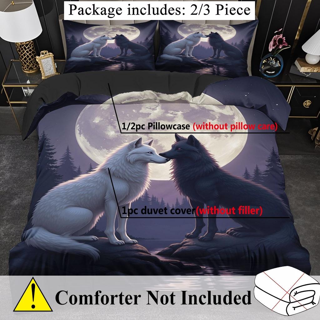 2/3 Pcs Wolf Shadow Theme Pattern Bedding Decorative Duvet Cover Set Under Moonlit Night (1* Duvet Cover +1/2* Pillowcase, Core-free), Machine Washable, Zipper Seal, Multiple Sizes Suitable For All Seasons, Suitable For Bedrooms,guest Rooms