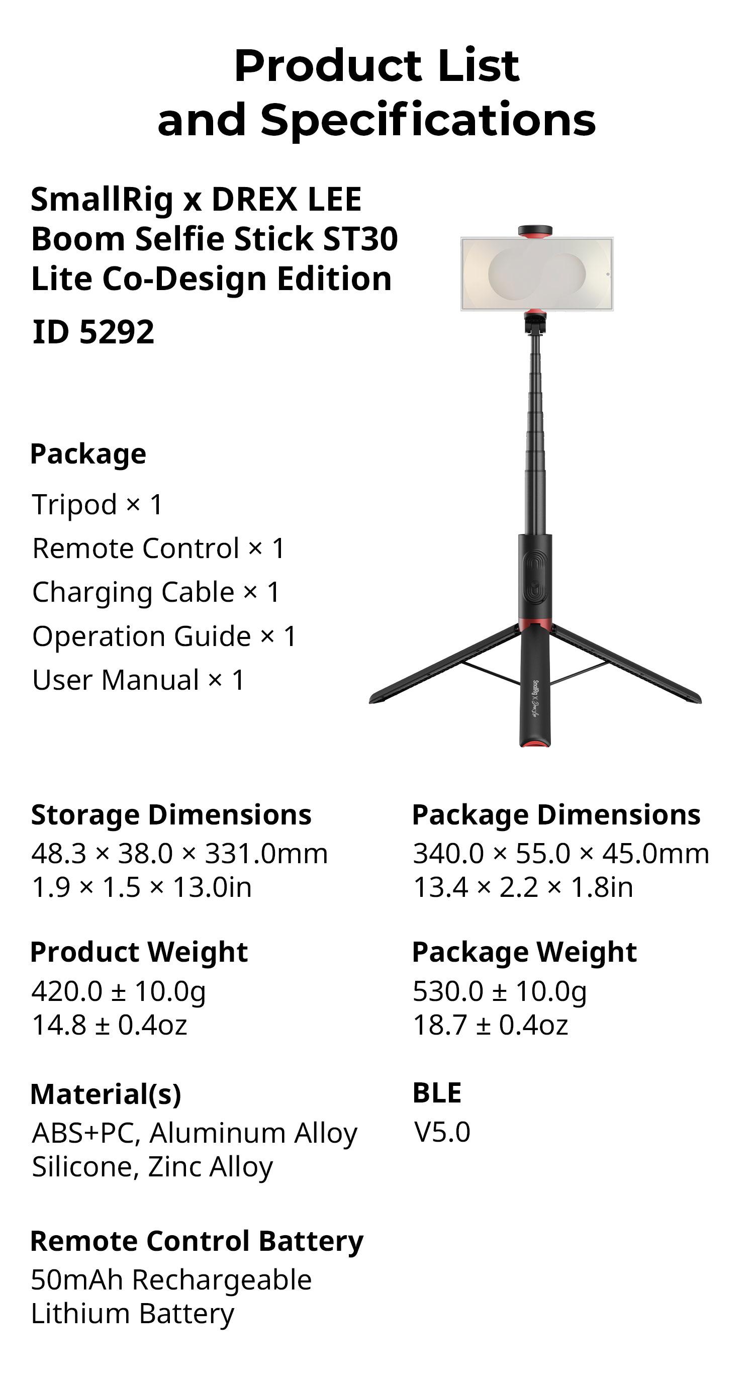 SmallRig x Drex Lee Boom Selfie Stick ST30 Lite,one-click opening tripod,Lightweight All in One Phone Tripod Integrated with Wireless Remote Compatible with All Cell Phones for Selfie/Video Recording/Photo/Live Stream/Vlog