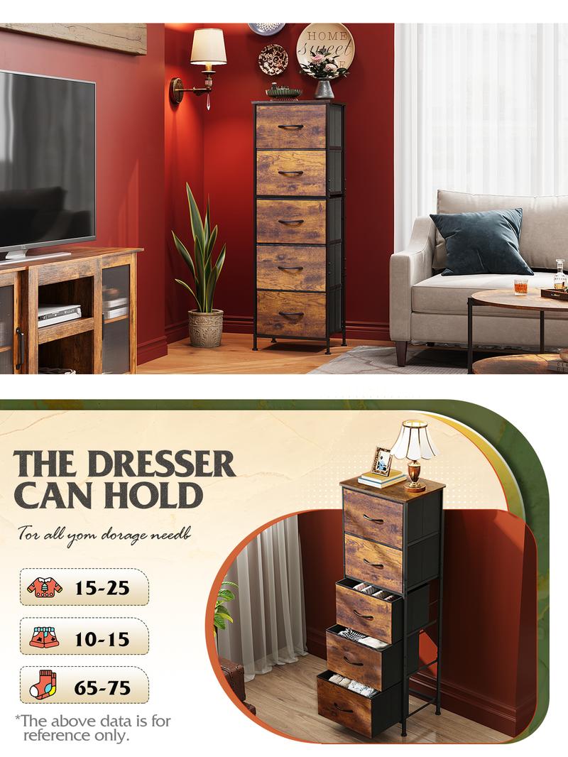 WLIVE Fabric Dresser, 5-Drawer Tall Dressers for Bedroom, Storage Dresser Organizer with Wood Top, Sturdy Steel Frame, Chest of Drawers for Closet, Hallway WLIVE Fabric Dresser, 5-Drawer Tall Dressers for Bedroom, Storage Dresser Organizer with Wood Top, Sturdy Steel Frame, Chest of Drawers for Closet, Hallway