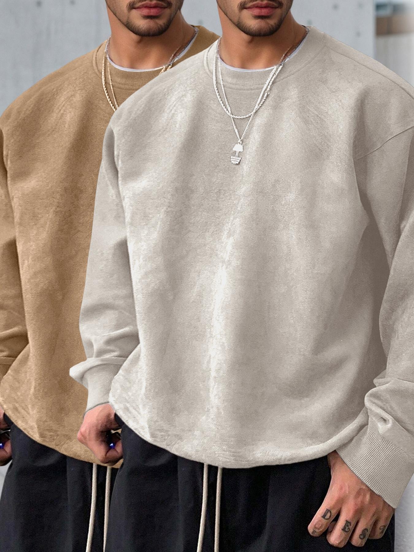 Men's Solid Color Plain Round Neck Drop Shoulder Long Sleeve Fleece Sweatshirt, Casual Fit for Fall & Winter, Comfortable Daily Wear