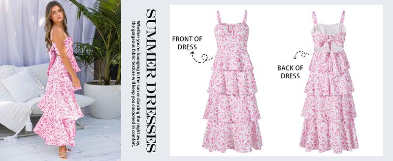 Wenrine Women's Summer Floral Maxi Dresses Sleeveless Spaghetti Strap Tie Back Ruffle Tiered Flowy Dresses