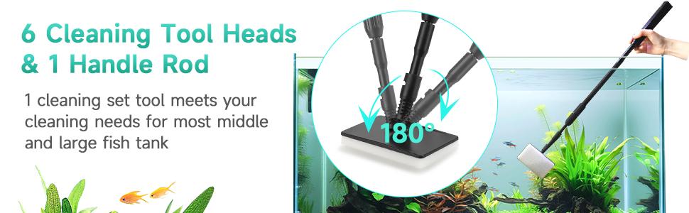 hygger 6-in-1 Aquarium Cleaning Tools, Multipurpose Fish Tank Cleaning Kit for 20-160 Gallon Tank with Telescopic Long Handle,6 Clean Heads