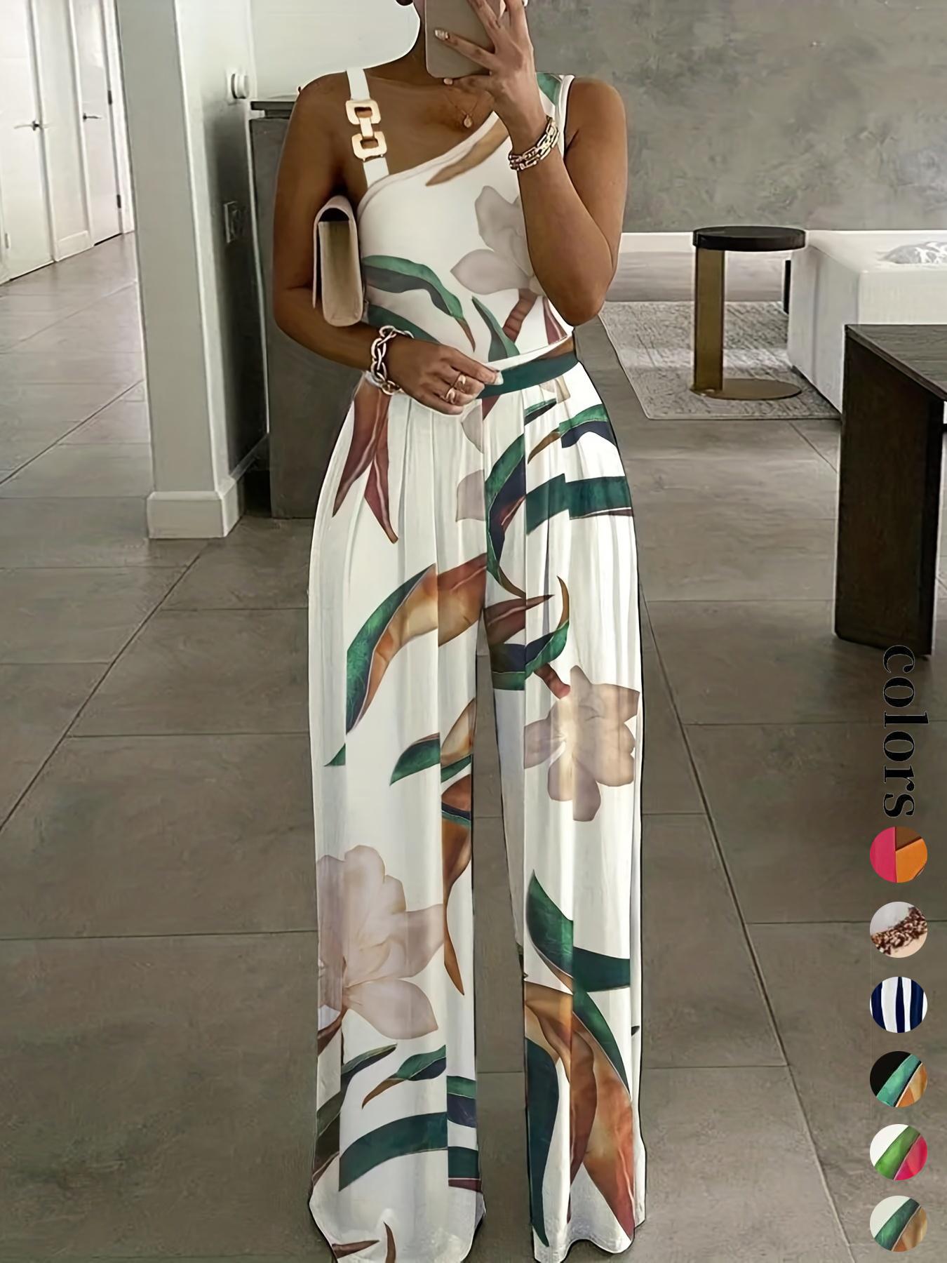Women's Floral Print Ring-Linked Asymmetrical Neck Jumpsuit, Boho Casual High Waist Wide Leg Jumpsuit for Summer, Womenswear