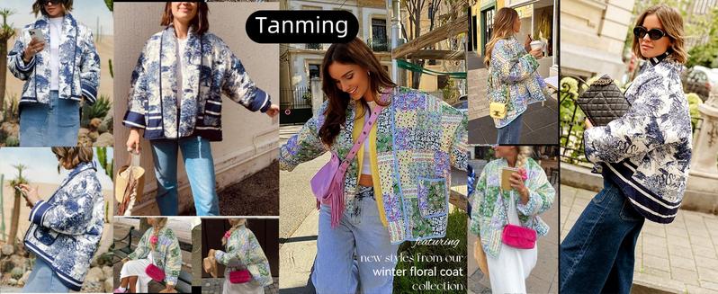 Tanming Women's Ditsy Floral Print Quilted Puffer Coat Lightweight Drop Shoulder Jacket FallFreshness Open Front Cardigan for Fall Winter Casual Outerwear with Pockets Reversible Long Sleeve Fashion Womenswear Cropped Tops