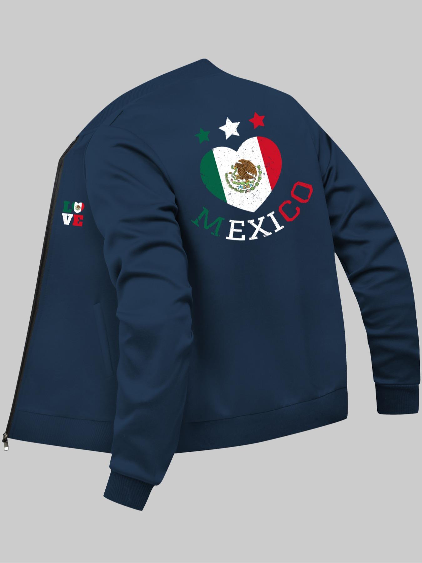 Men's Mexico Flag & Heart Print Zip Up Baseball Collar Jacket, Regular Fit Casual Long Sleeve Pocket Outerwear for Daily Wear, Fashion Men's Clothes for All Seasons