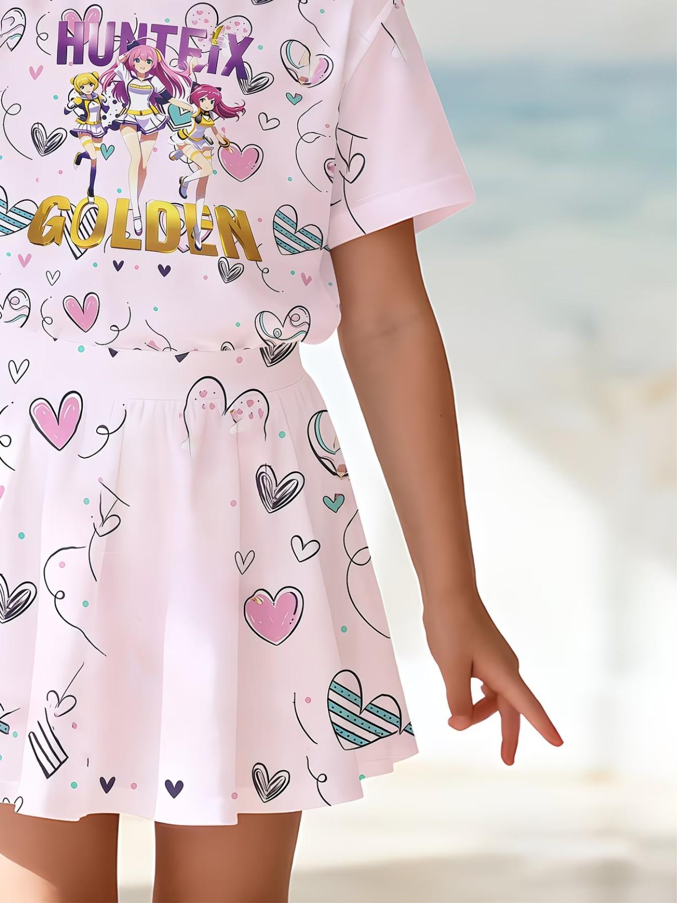 Girls' 3D Heart Print Cartoon Top and Skirt Set, Summer Casual, Slim-Fitting Round Neck Short Sleeve, Two-Piece Ensemble