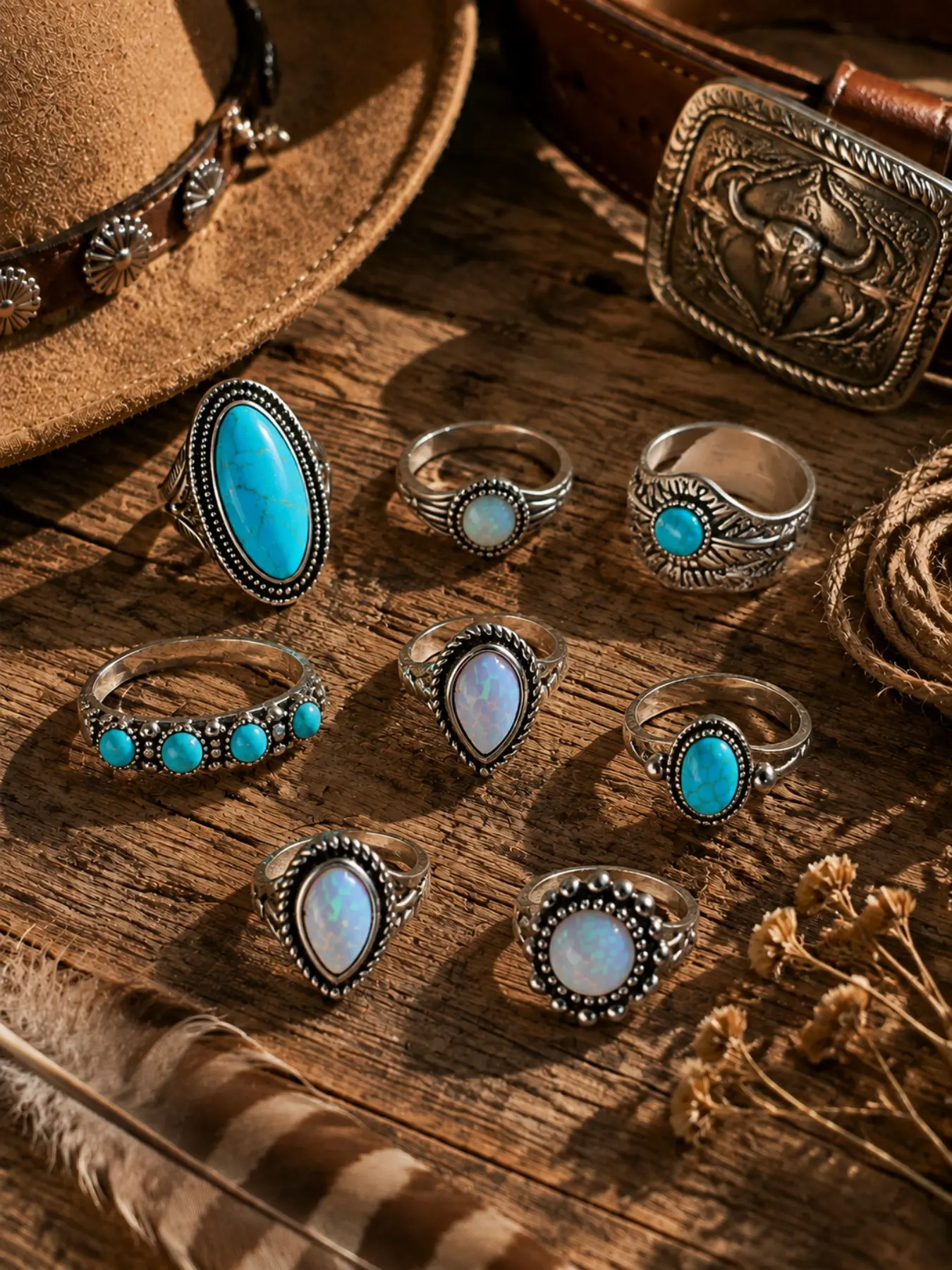 8pcs Western Turquoise Ring Set for Women, Bohemian Cowgirl Statement Jewelry, Vintage Style Stackable Rings, Festive & Everyday