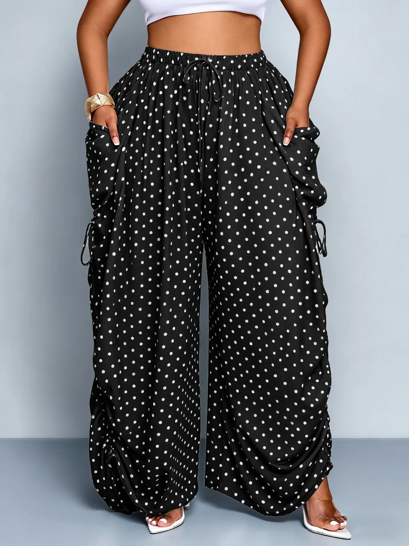 Plus Size Women's Base Polka Dot Wide Leg Pants, Elastic Waist Drawstring Large Pockets, Lazy Style Casual Pants