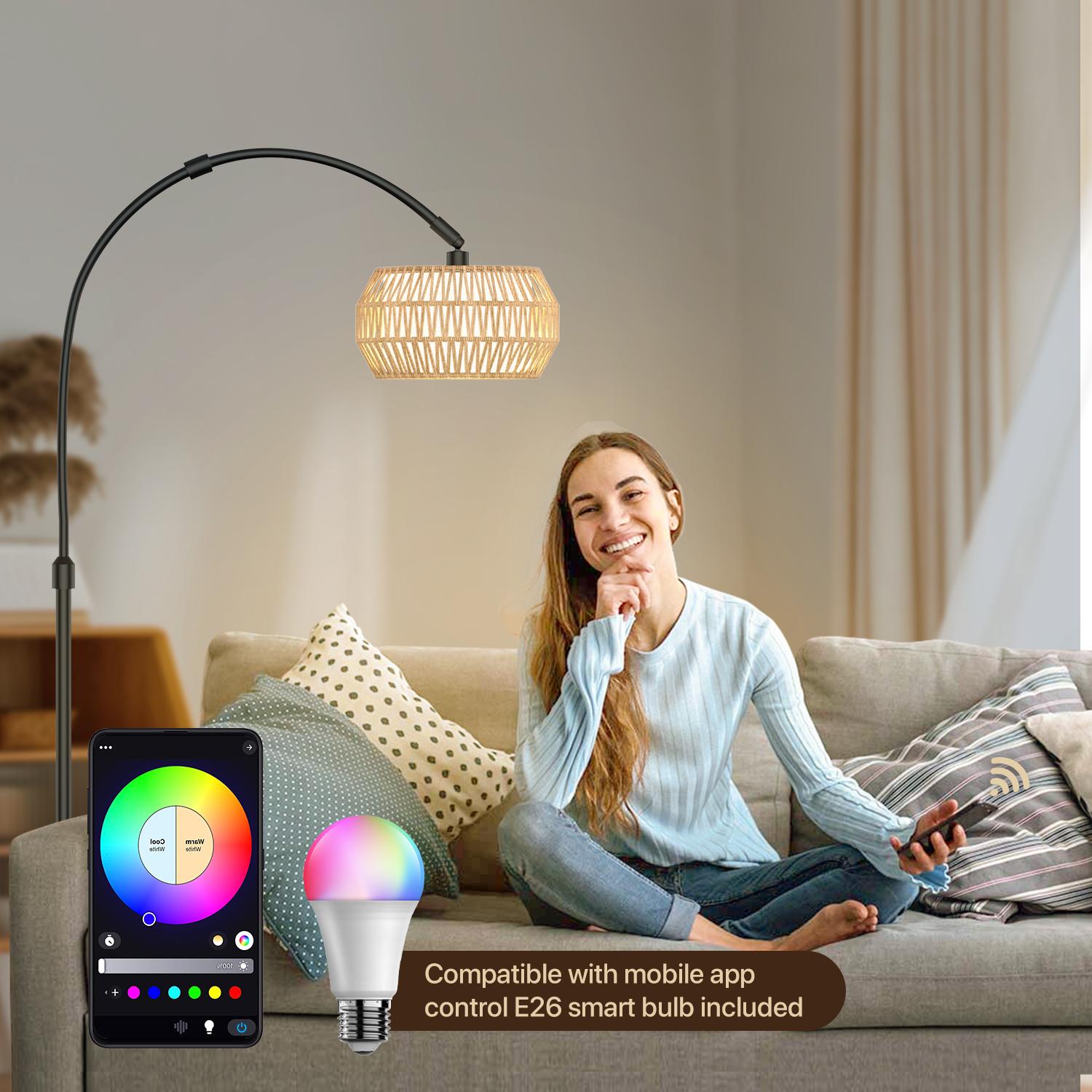 GLITGATE Boho Fishing Floor Lamp with Remote Control, Dimmable Arc Floor Lamp with 3 CCT and RGB,Farmhouse vintage Floor Lamps with Rattan Shades, Vintage floor lamp, Dimmable floor lamp for Bedroom, Office, living room,bedroom