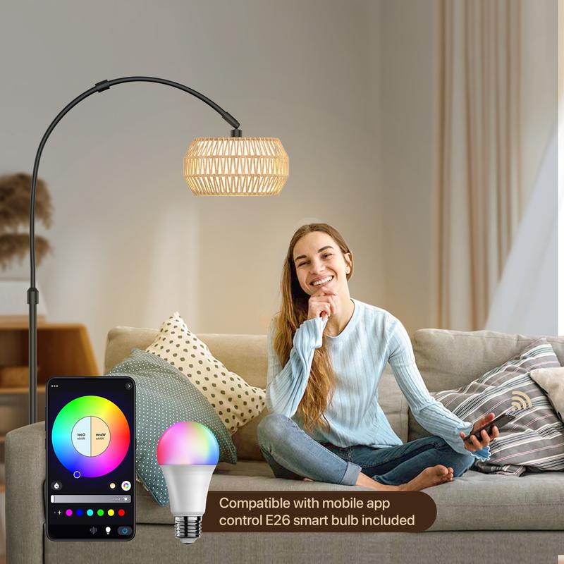 GLITGATE Boho Fishing Floor Lamp with Remote Control, Dimmable Arc Floor Lamp with 3 CCT and RGB,Farmhouse vintage Floor Lamps with Rattan Shades, Vintage floor lamp, Dimmable floor lamp for Bedroom, Office, living room,bedroom