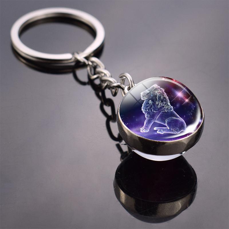 New Fashion Double Side Glass Ball Pendant Keychain 12 Zodiac Signs Keyring for Boyfriend Girlfriend Birthday Gifts