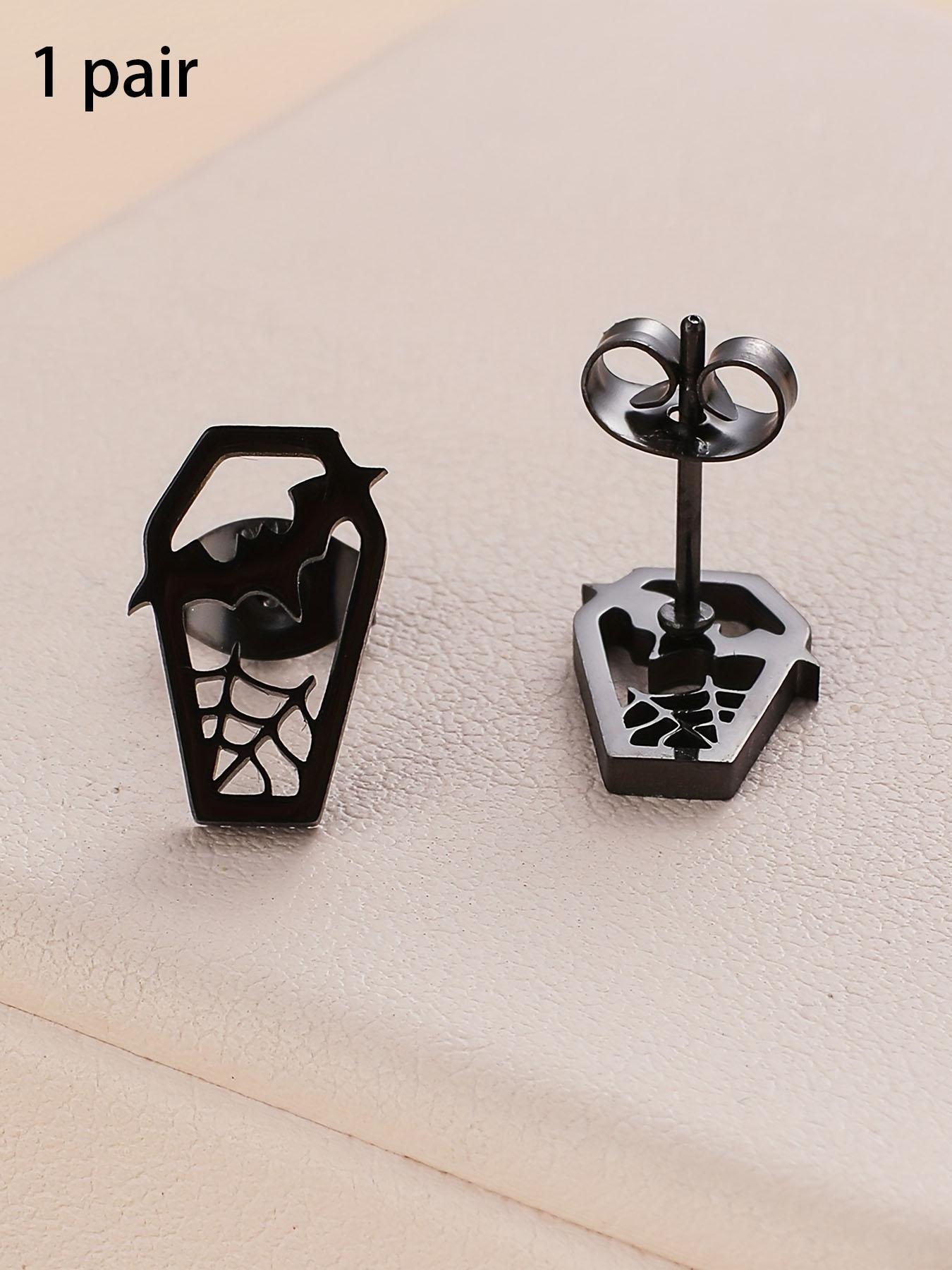 Unisex Silver Stainless Steel Gothic Bat-Coffin Stud Earrings - Witchy Spooky Jewelry, 1 Size, Lightweight Hypoallergenic, Fashionable Jewelry Accessories, Coffin Shape Halloween Fashion Accessory