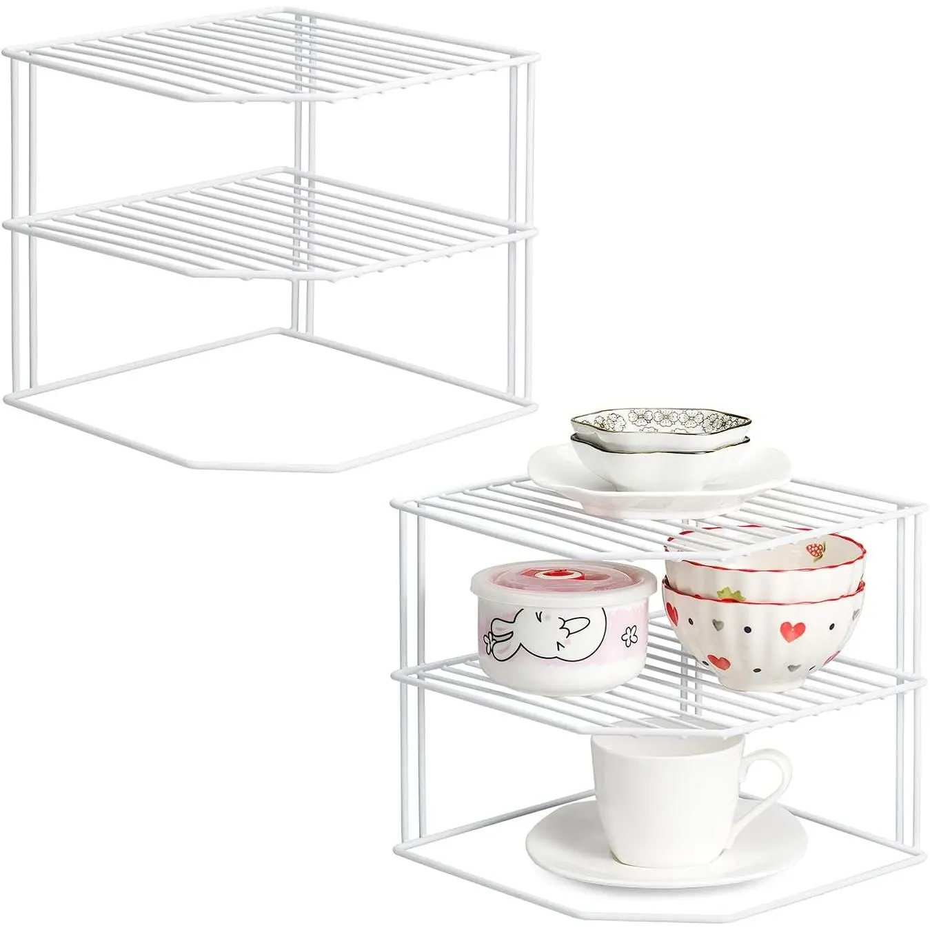 Kitchen Cupboard Organiser, 3 Tier White Corner Plate Rack for Kitchen Cupboard Storage - Cupboard Shelf Insert Organiser (Pack of 2)