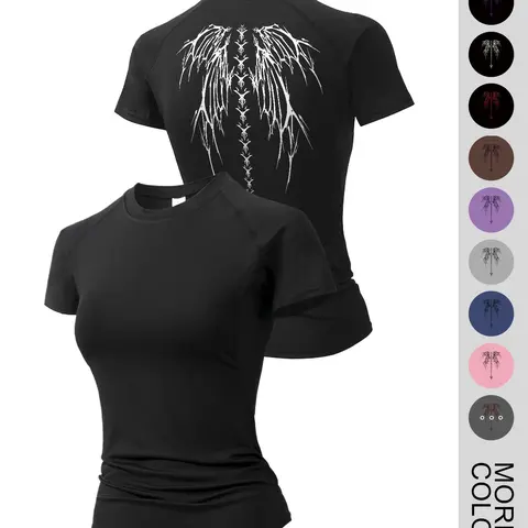 Women's Skull Wing Print Round Neck Sports Tee, Casual Elastic Dry Fit Quick Drying Breathable Tight-fitting Sports T-shirt for Yoga Running Gym Training, Ladies Sportswear for Summer