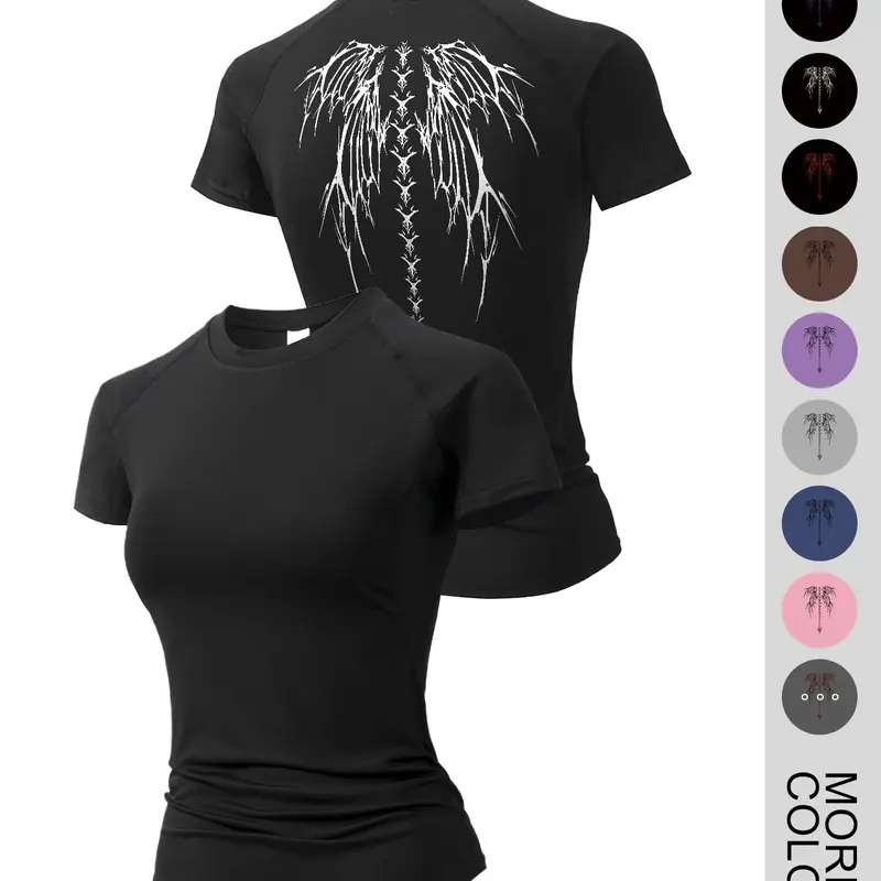 Women's Skull Wing Print Round Neck Sports Tee, Casual Elastic Dry Fit Quick Drying Breathable Tight-fitting Sports T-shirt for Yoga Running Gym Training, Ladies Sportswear for Summer