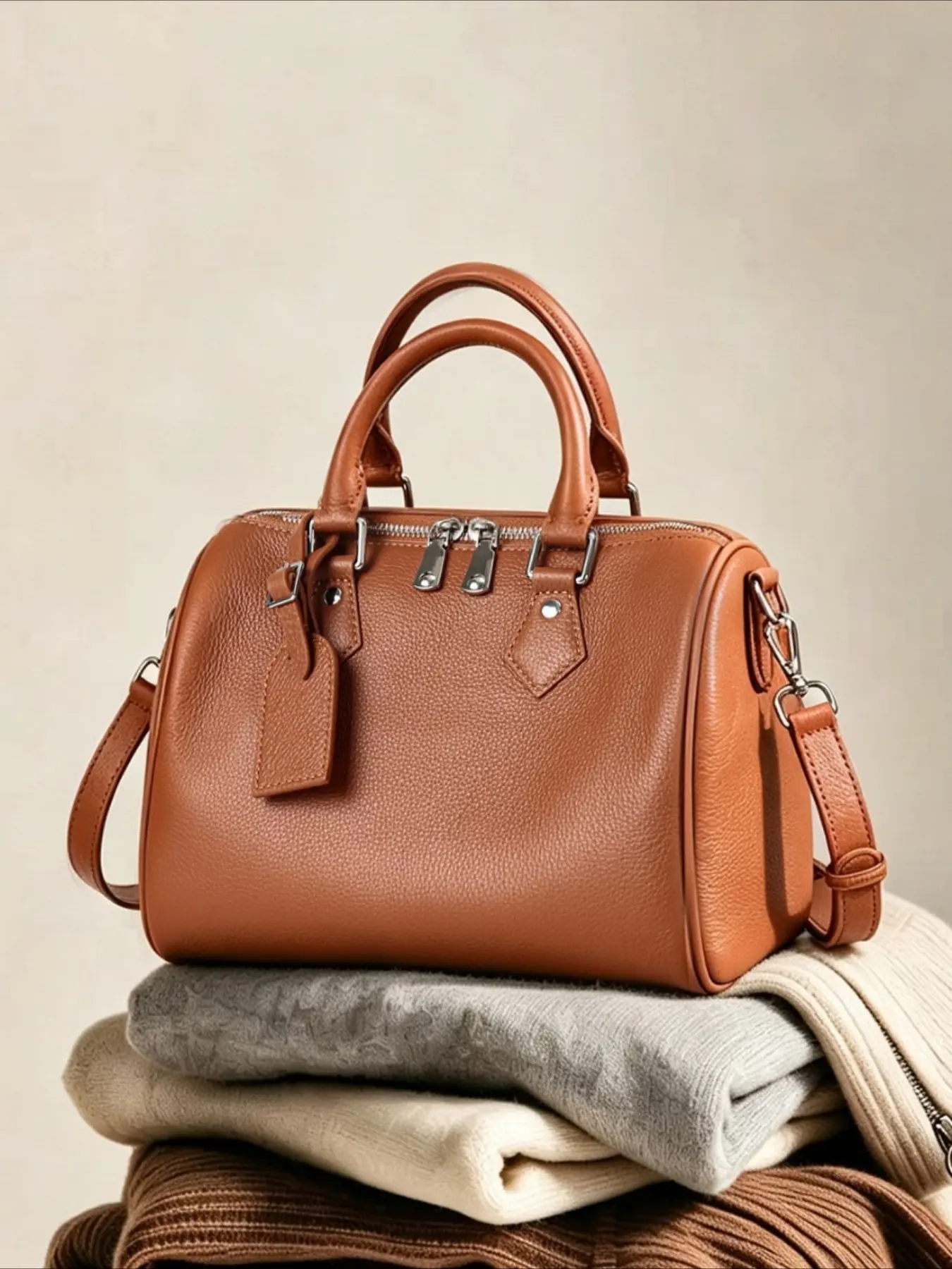 Women's bag leather big-name commuter versatile shoulder bag cowhide Korean foreign trade first-layer high-end portable Boston bag Fashion Leather Bag