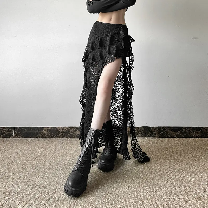 Women Lace Ruffled Maxi Skirt Irregular Asymmetric High Slit See Through Long Skirt