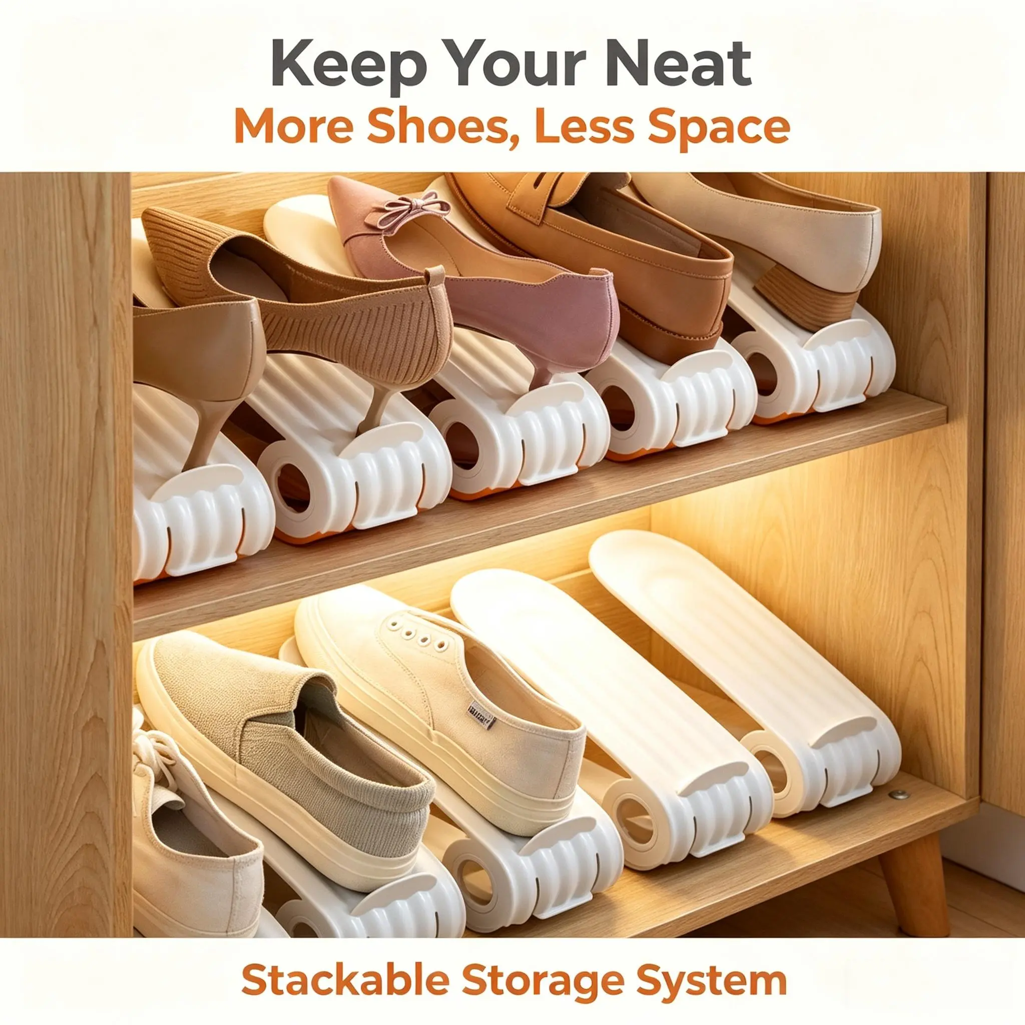 Adjustable Double-Layer Shoe Organizer, Space-Saving Stackable Shoe Rack for Closet, Foldable Shoe Storage Holder with Adjustable Height