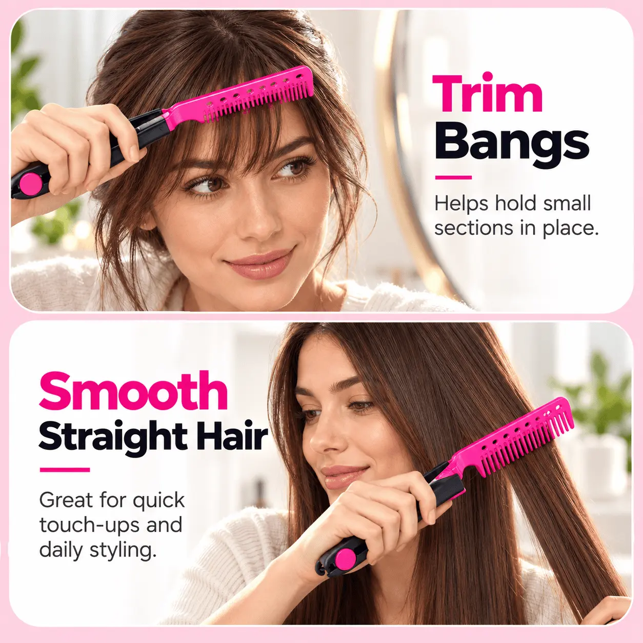 V-Shaped Hair Styling Comb, 2-in-1 Clamp Straightening & Curling Comb, Foldable Double-Sided Hairdressing Comb Clip for Straight, Curly & Wavy Hair, Blowout Styling Tool for Home & Salon