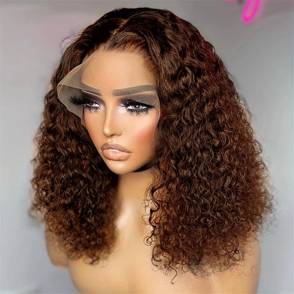 Chocolate Brown Curly Bob Transparent Lace Front Wigs Human Hair 180% Density 13x4 Bob Curly Lace Front Wigs Human Hair Pre Plucked for Black Women