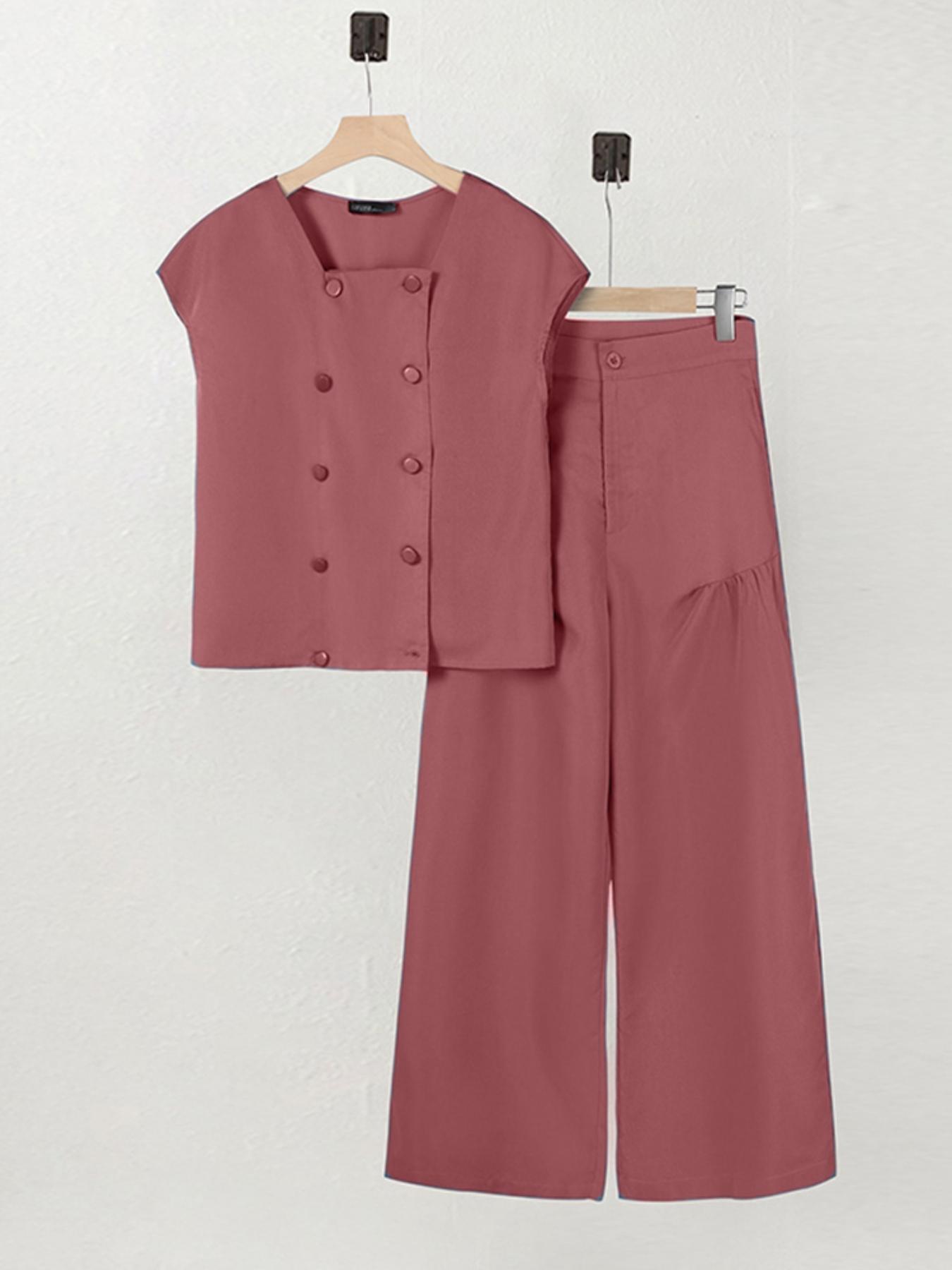 Women's Solid Button Front Top & Wide Leg Pants Two-piece Set, Casual Short Sleeve Top & Pants for Summer, 2 Piece Sets Women, Ladies Clothes for Daily Wear