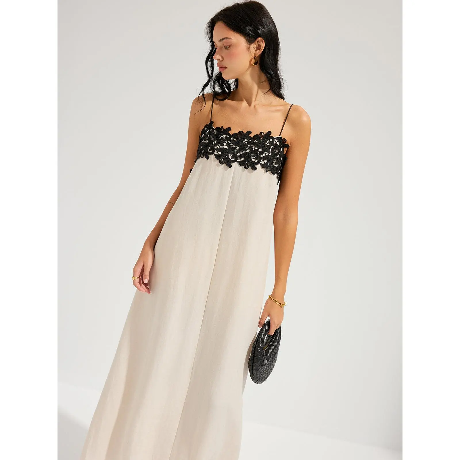 Lace Trim Linen-Blend Cami Maxi Dress