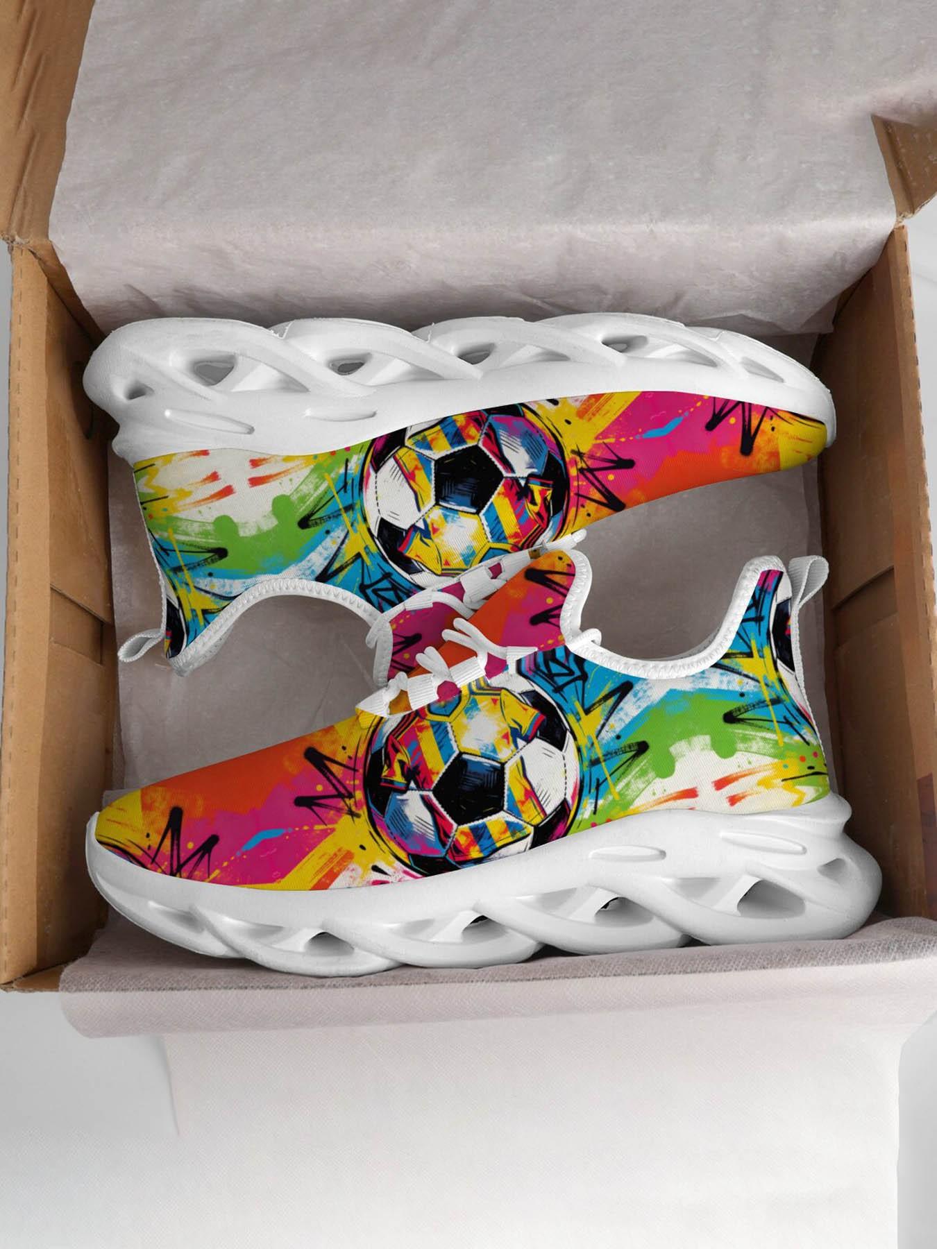 Graffiti Football Theme Trendy Sports Shoes, Street Art Style, Vibrant Full Surface Spray, Lightweight Cushioned Sole, Youth Soccer Lovers