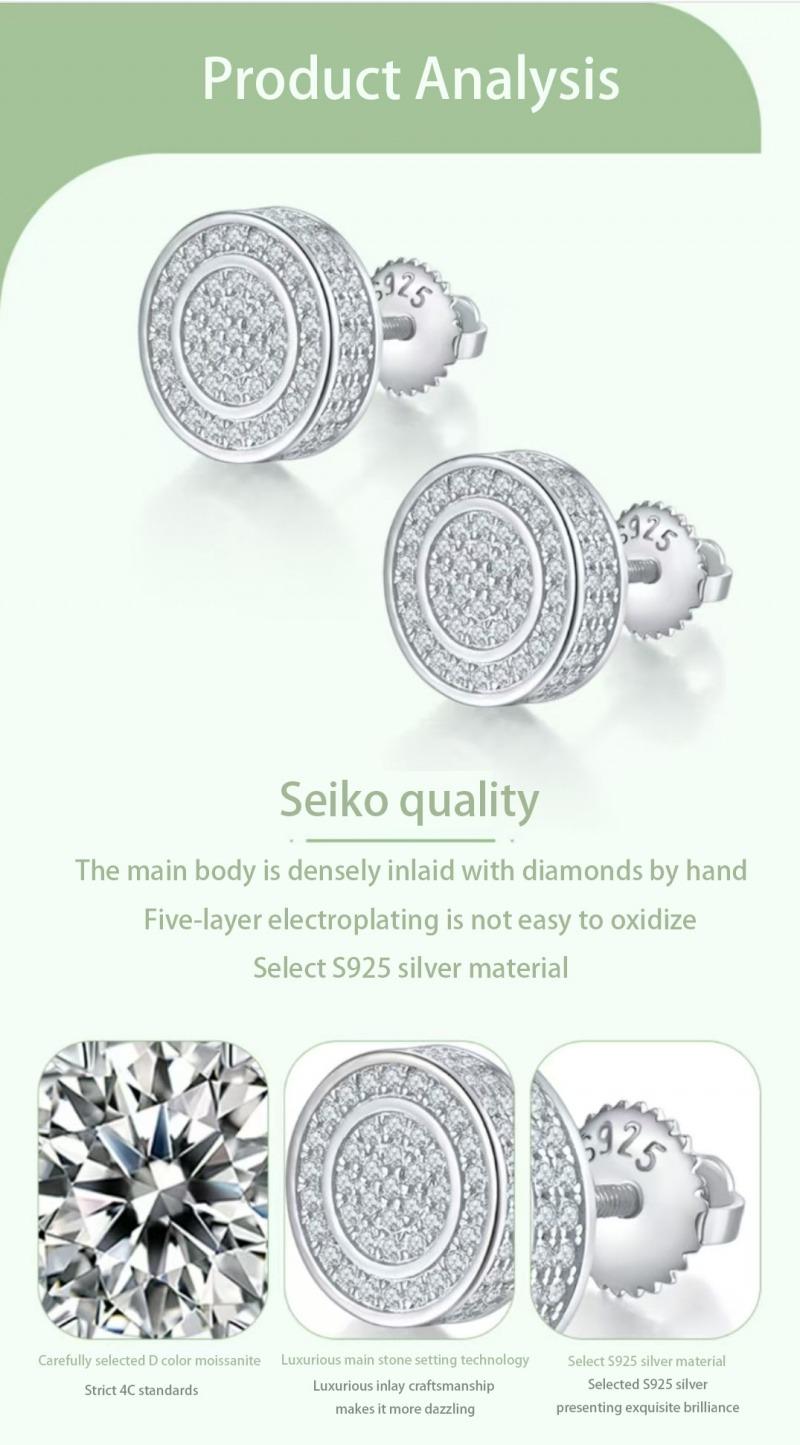 Round double ring S925 silver earrings with threaded moissanite D grade 0.95CT Silver Earrings