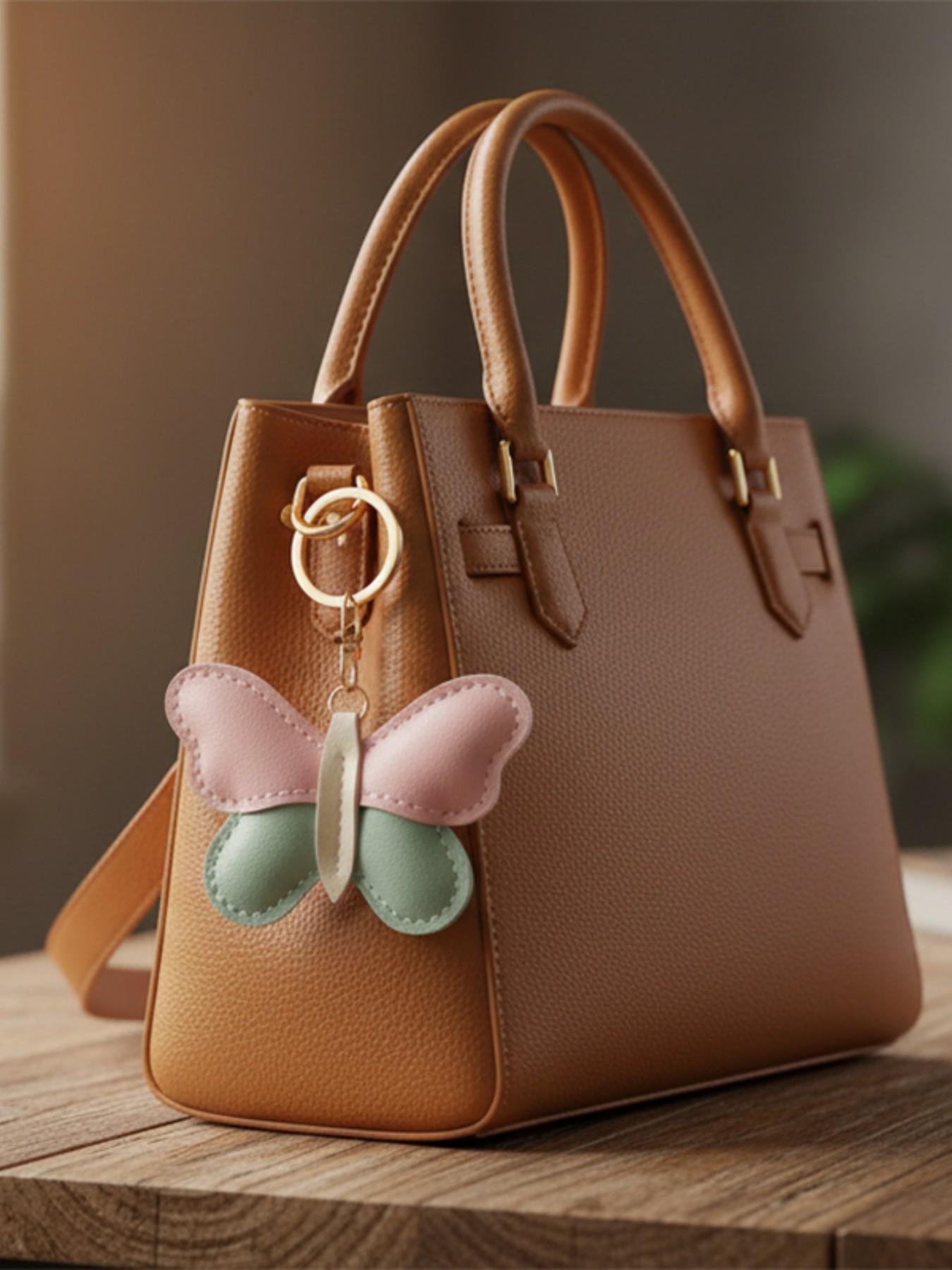 brown leather backpack purse with embroidered butterflies Leather Bag Butterfly Ladies Handbags Cute Butterfly Keychain PU Leather Bag  Charm, Aesthetic Backpack