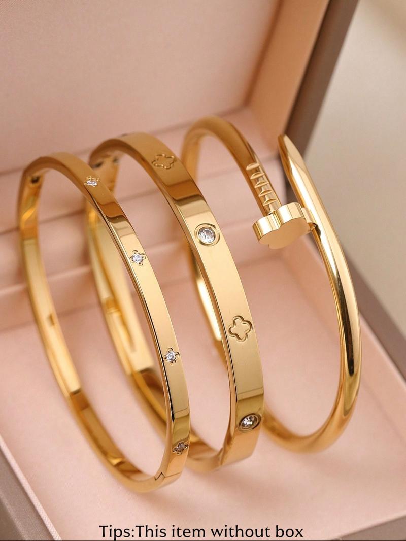 3 Pcs 18K Gold-Plated Stainless Steel High Quality Bracelet, Luxurious Cubic Zirconia Exquisite Trendy Bracelet, Suitable for Daily Wear and Women's Gatherings, Wedding Jewelry Gifts for Women and Girls