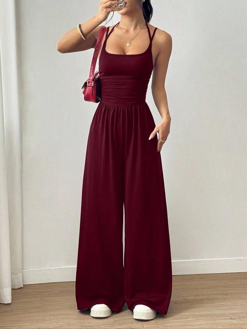 2026 Women's Sleeveless Halter Jumpsuit, Ruched Waist Wide-Leg Palazzo Jumpsuit with Pockets