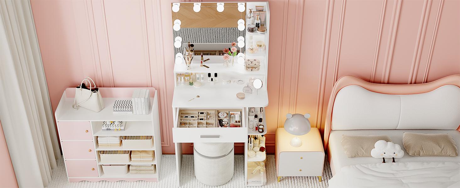 Makeup Vanity Desk with Mirror and Lights, 26.4”Small Vanity Mirror with Lights with Large Drawer and 6 Level Storage, White Vanity with Large Led Mirror with 3 Color Lighting Modes