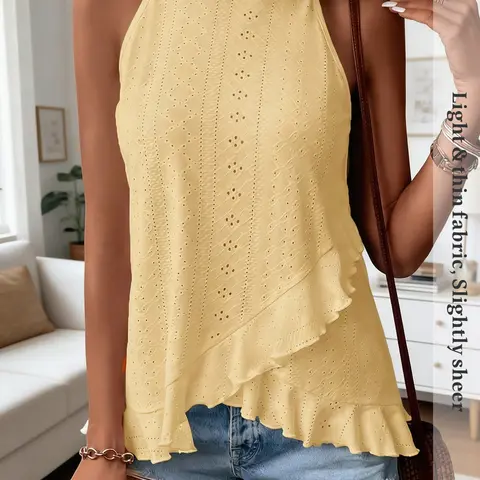Summer New Solid Color Halter Tank Top, Sleeveless Lace Trim Hollow Out Breathable Elegant Chic Fashion Office Date Simple High-End Versatile Top