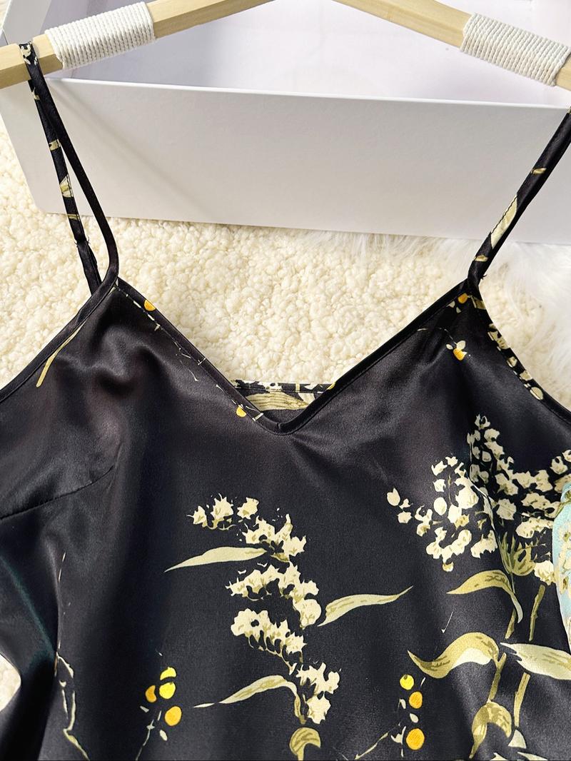 Women's Floral Print Cami Top & Ruffle Trim Shorts Satin Pyjama Set, Summer Outfits 2024, Casual Comfort Camisole & Elastic Waist Shorts PJ Set, Summer Clothes, Sleepwear Set for Women