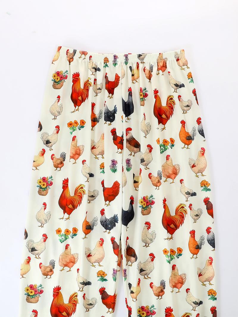 Women's Chicken Print Pajama Set, Loungewear, Casual Long Sleeve Button-Up Top & Comfortable Pants, All-Season Home Wear, 2-Piece Sleepwear