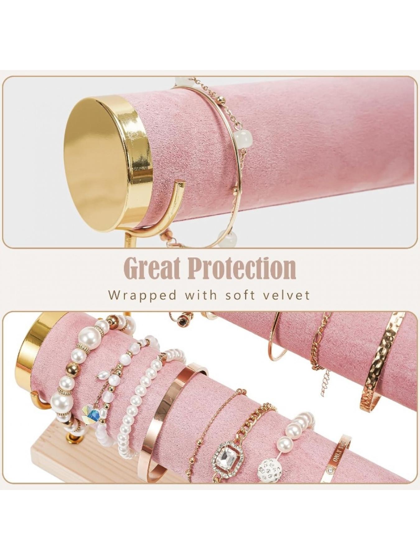1 Pack 3-Layer Velvet Bangle Bracelet Stand with Detachable Rod Travel Home Jewelry Hanging Organizer for Bangles and Watches Beige Pink