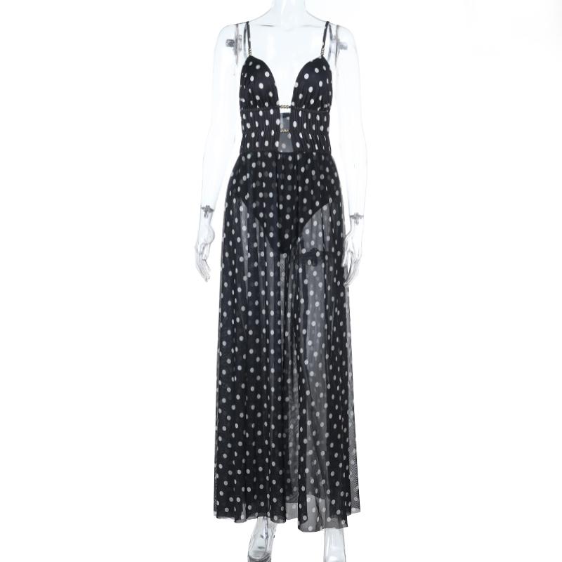 XY25192PFO-Spring Break Outfits, Womens Casual Vacation See-through Mesh Polka Dot Sleeveless Deep-V Neck A-line Spaghetti Strap Long Dress, Holiday Beach Sheer Mesh Dress SpringStatements