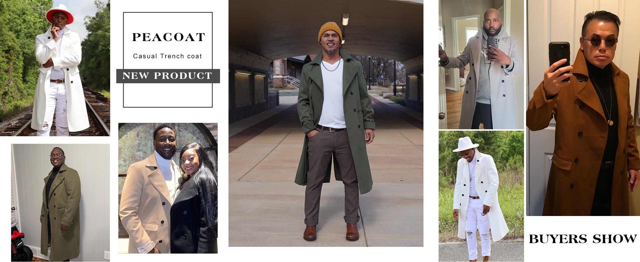 Runcati Men's Notch Lapel Double Breasted Long Trench Coat Casual Cotton Blend Peacoat