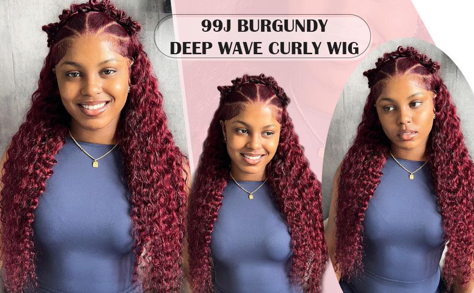 Burgundy Deep Wave Lace Front Wigs Human Hair 13x6 Wine Red Curly HD Lace Front Wig with Baby Hair 99j 180% Density for Women Natural Look