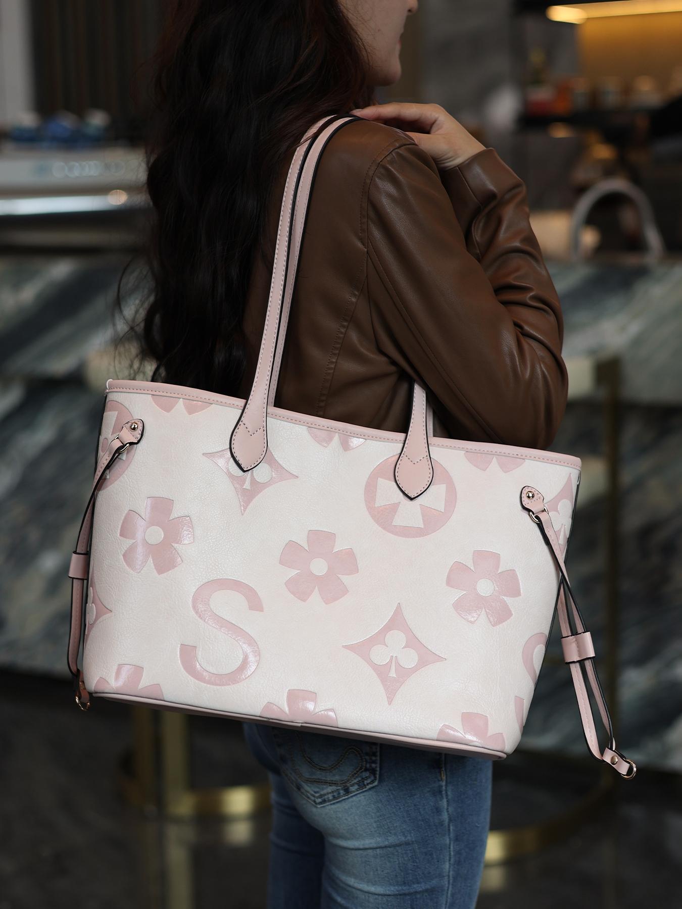 Women's Elegant Floral Embossed Tote Bag & Wristlet, Large Capacity Shoulder Bag, Fashionable Handbag Set for Daily Use