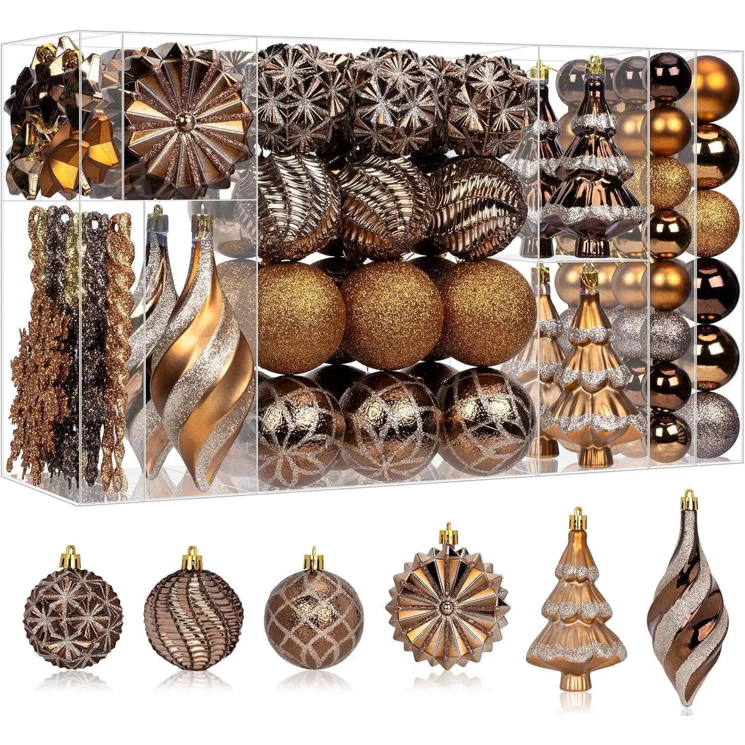 108 Pcs Hand-Painted Varied Shapes Christmas Ball Ornaments Set, Shatterproof Bronze-Copper-Brown-Dark Gold Hanging Bulbs with Brass-Tone Metallic Finish, Bulk Holiday Decor for Fall Thanksgiving Harvest