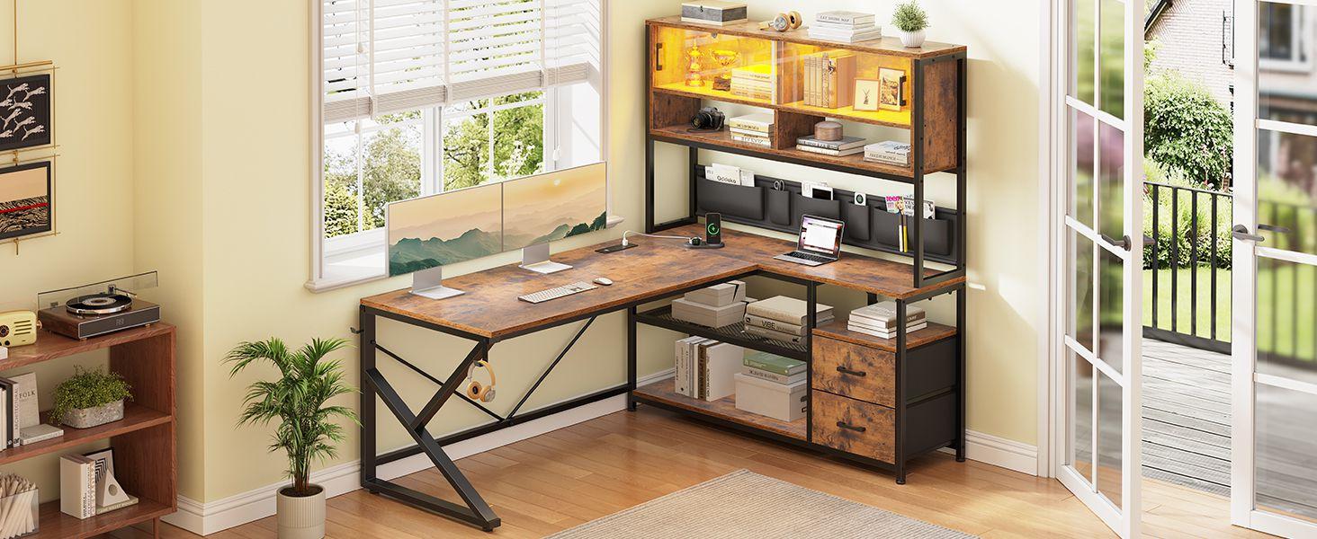 Sedeta L-shaped Computer Desk Home Office with 2 Drawers & Hutch Game Table LED Lights Glass Cabinet Storage Pockets Gaming Keyboard Wood Workstation