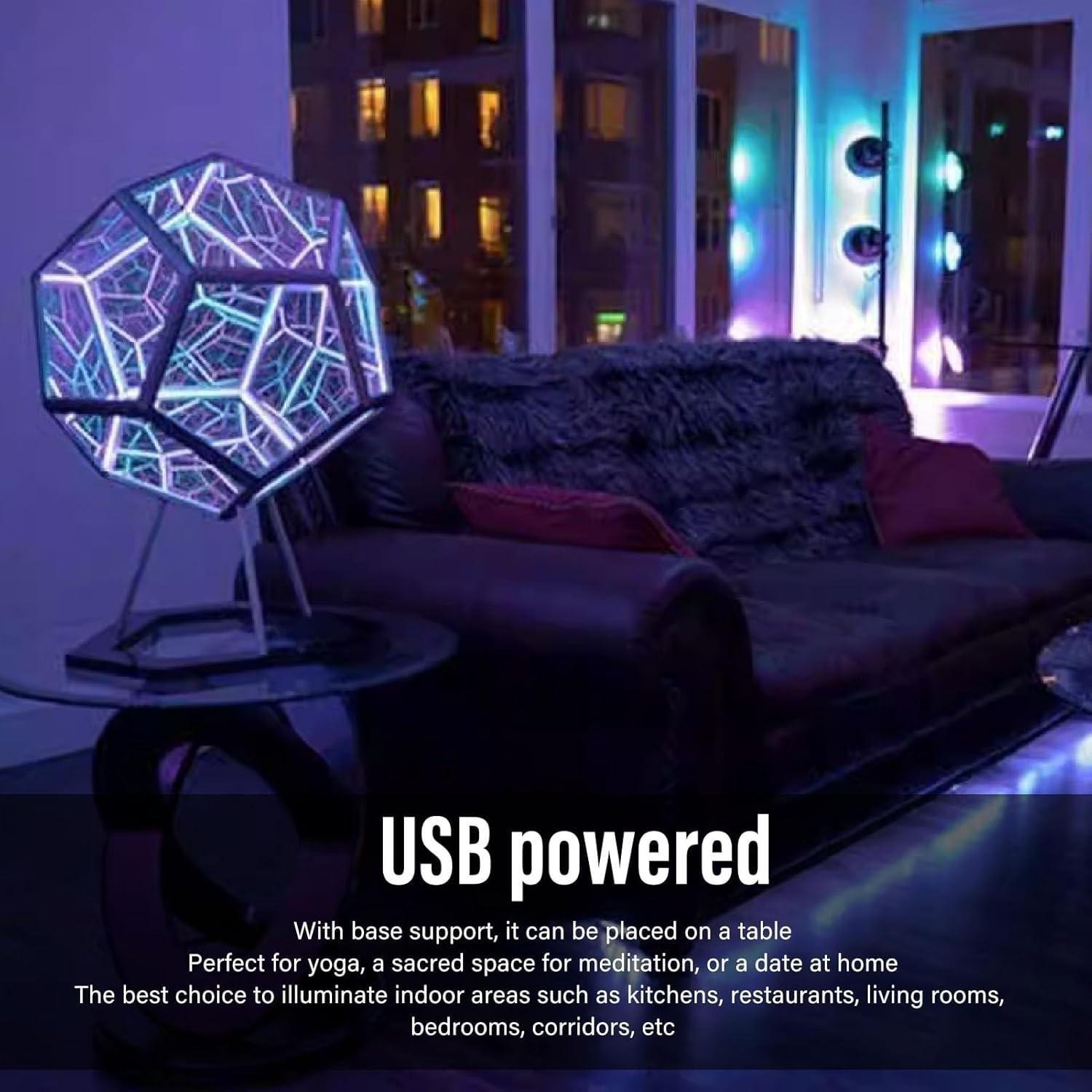 Twelve-Faced Game Lamp, Infinite Twelve-Faced Colorful LED Light, USB Powered Decorative Nightlight, Multi-Color LED for Bedroom Living Room Desk Decoration, Acrylic Led Light