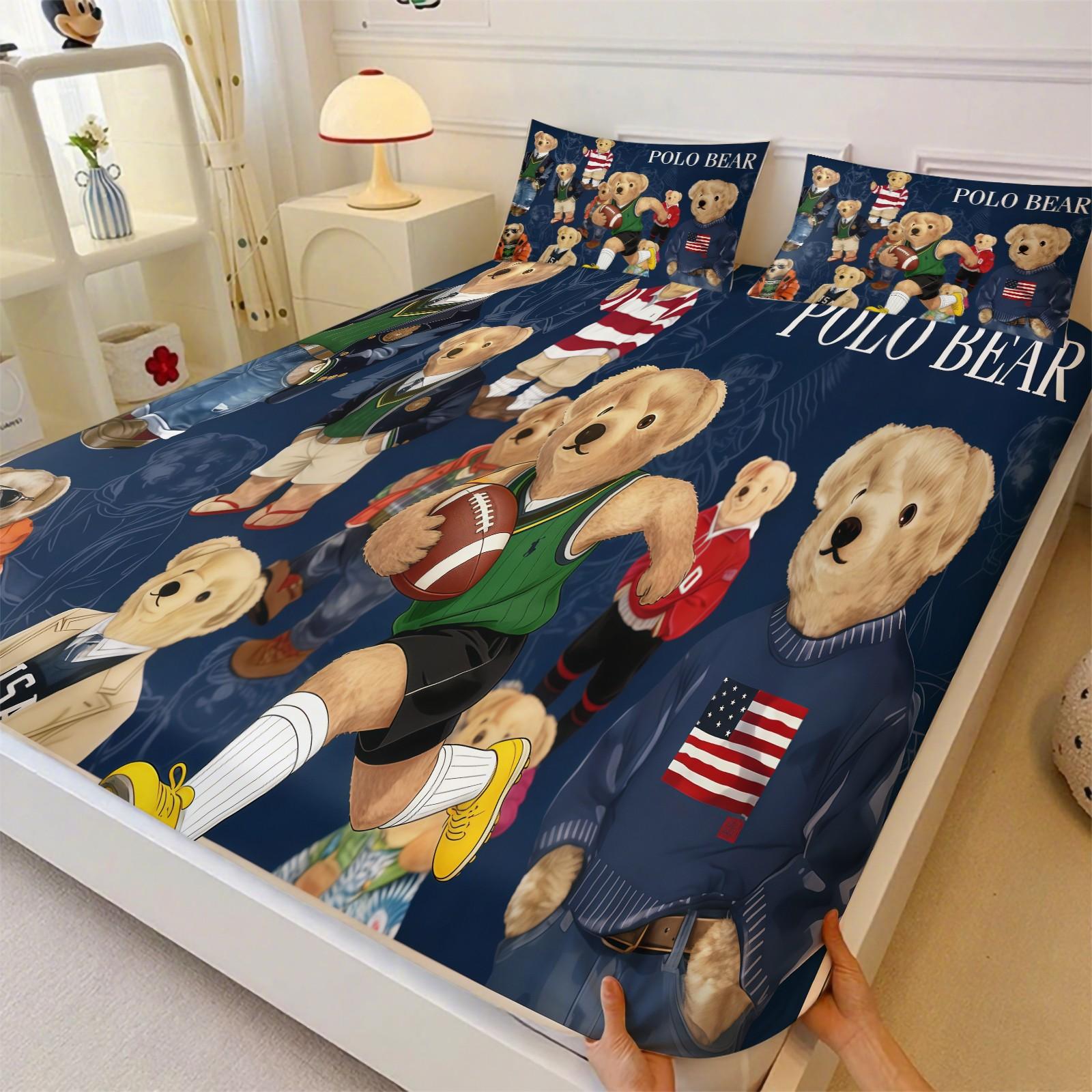 3-Piece Polo Bear Pattern Fitted Sheet Set, Soft And Durable Bedding Set Includes 1 Flat Sheet And 2 Pillowcases, Daily Holiday Birthday Gift Bedroom Decorations For Kids And Adults