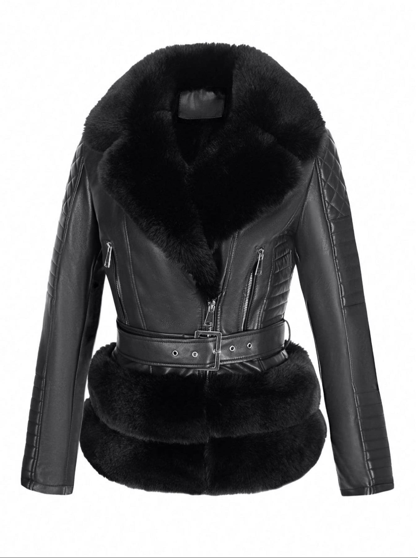 Women's Fall Winter PU Jacket, Vintage Style Fitted Long Sleeve Coat, Warm Daily Wear with Adjustable Waist Belt, Casual Plain Design