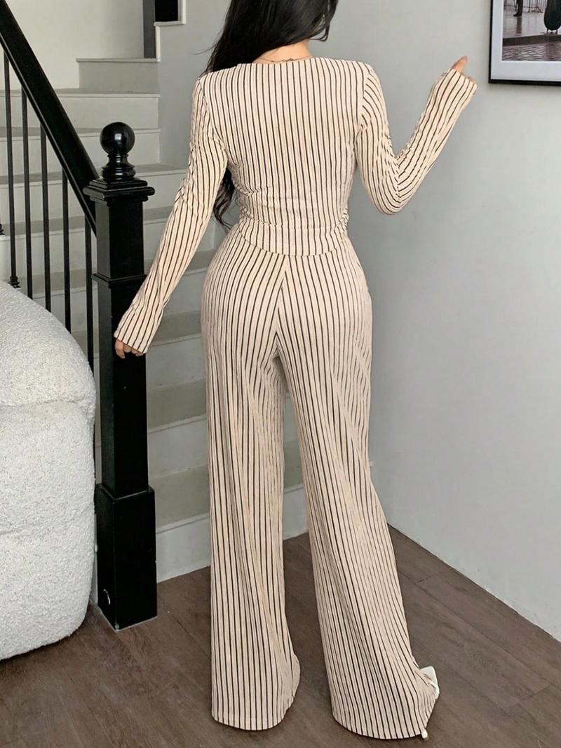 Sexy Twist Hem Asymmetrical Long Sleeve Top & Wide Leg Pants Set, Casual Loungewear Set, Striped Jacquard Fabric, Fashionable Young Girls, Fall Winter New Women's Clothing