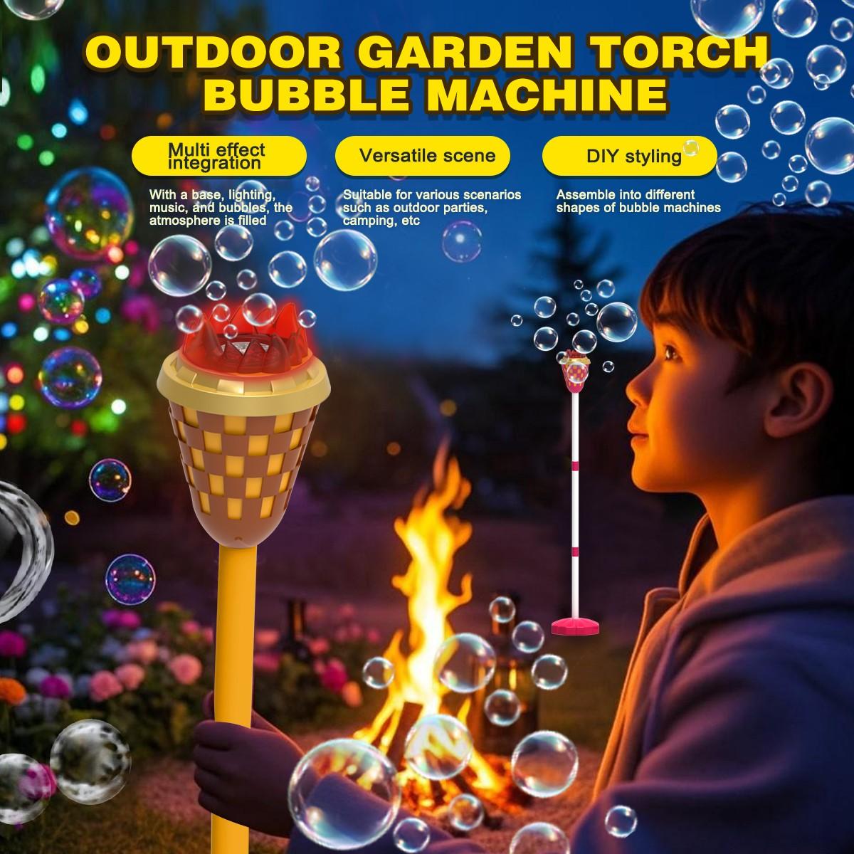 Simulated Torch Bubble Machine with 1 Bottle 100ML Bubble Liquid, Adjustable Height, Light Sound Effect, Handheld Standing Dual Use