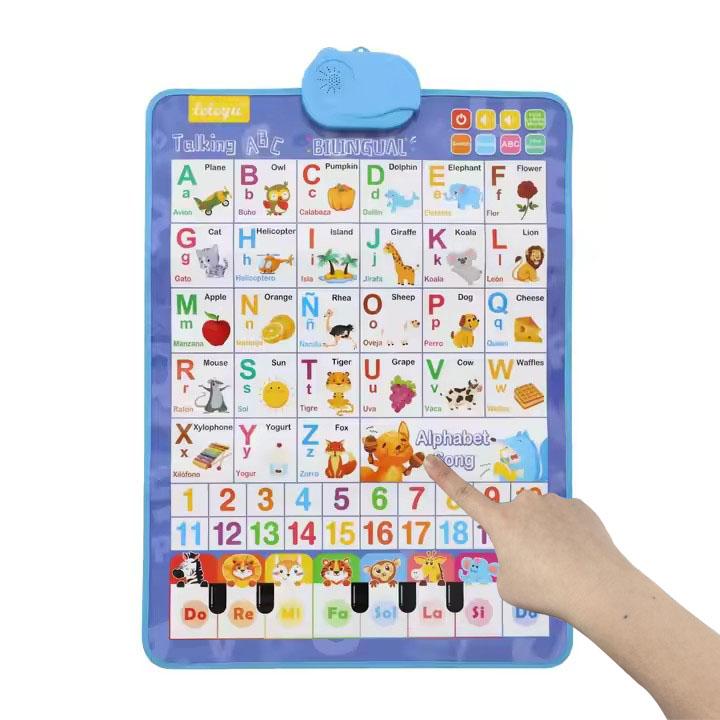 Bilingual Talking Wall Chart for Kids – English & Spanish Learning Poster with Songs, ABCs, Numbers, Animal words & Piano – Interactive Educational Toy for Toddlers 1-6 – No Screen, Battery Powered classroom use Alphabet Preschool