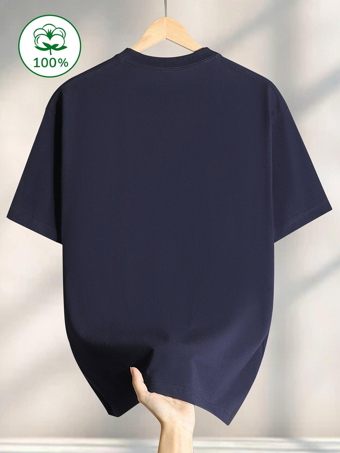 Men's pure cotton casual short-sleeved T-shirt, spring and summer style short-sleeved solid-color printed casual sports T-shirt, all-cotton home and outdoor comfortable and breathable round-neck T-shirt, suitable as a gift for men